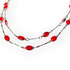 Red and gold tone long necklace - wear long or doubled